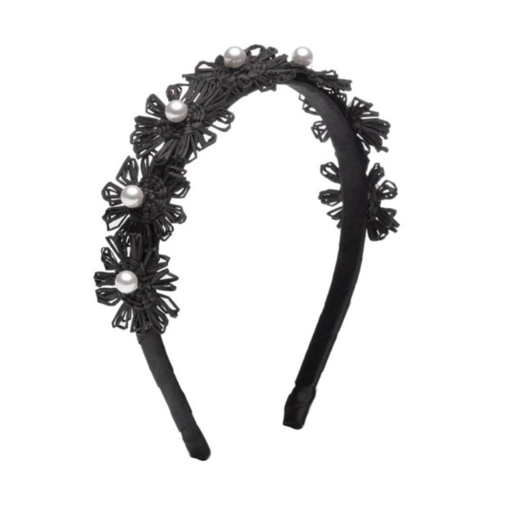 Eugenia Kim Black Azalea Pearly Straw Flower Headband Pearl New with Tags